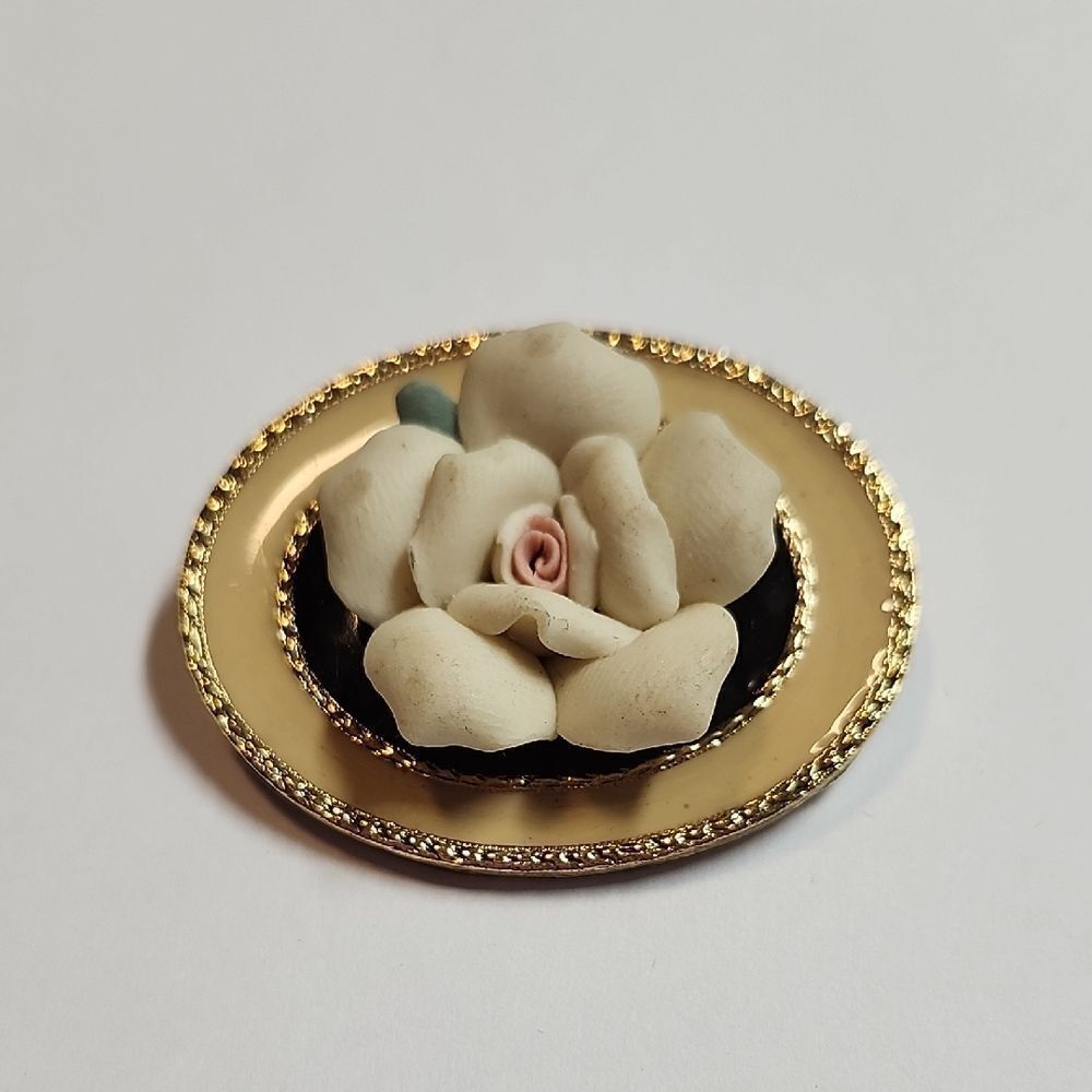1928 Brand Floral Porcelain Rose Brooch with Gold Trim